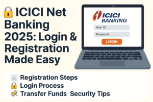 ICICI Net Banking 2025 guide with login screen illustration, registration steps, fund transfer, and security tips – bluewebtools.com